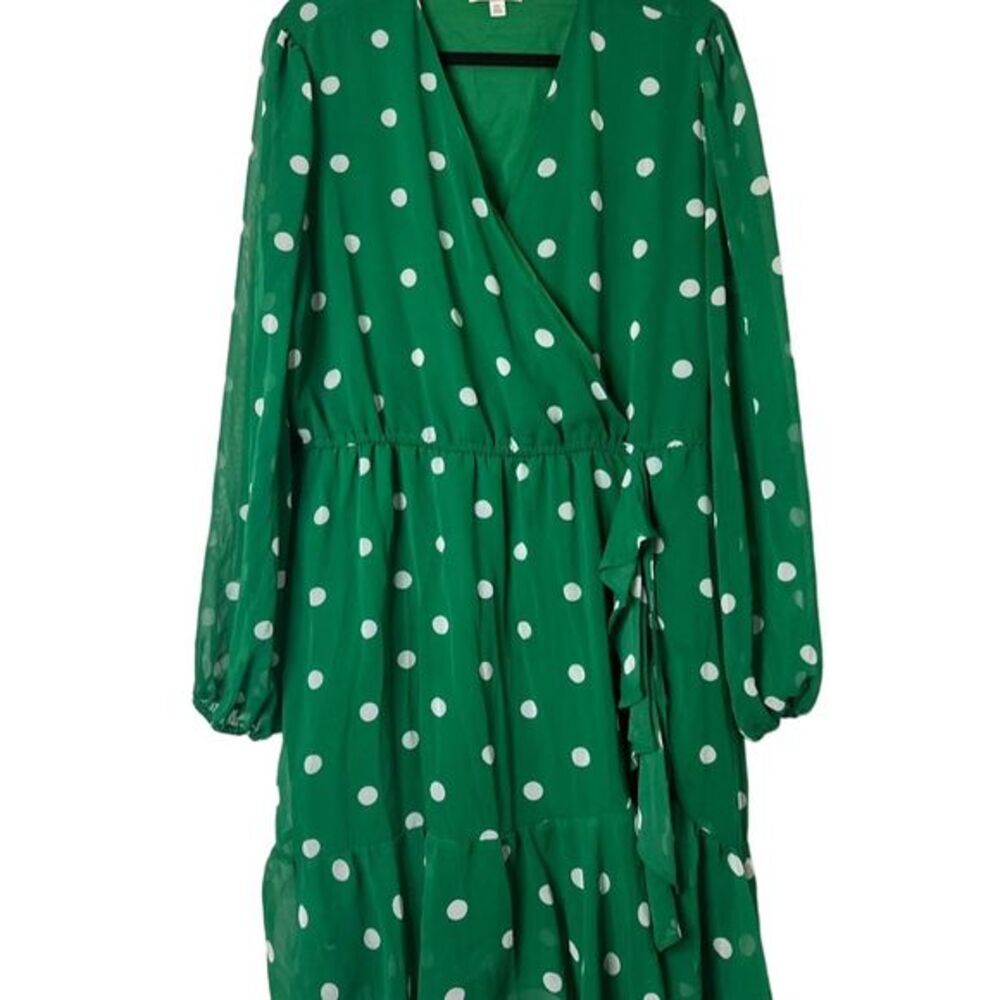 New York & Company XXL Long Sleeve Midi Green Polka Dot Faux Wrap Dress